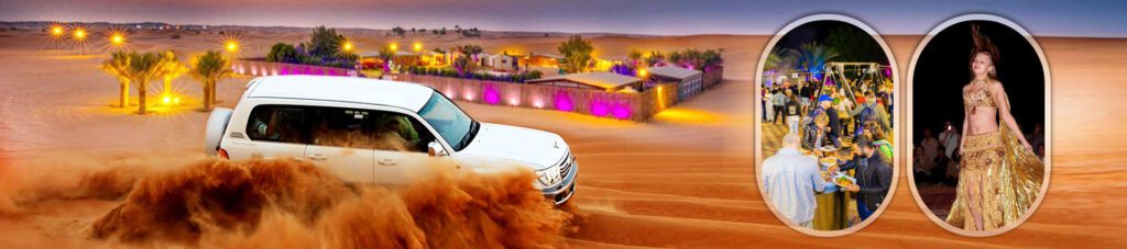 Premium desert safari Dubai 4x4 vehicle driving over golden sand dunes in front of belly dance stage