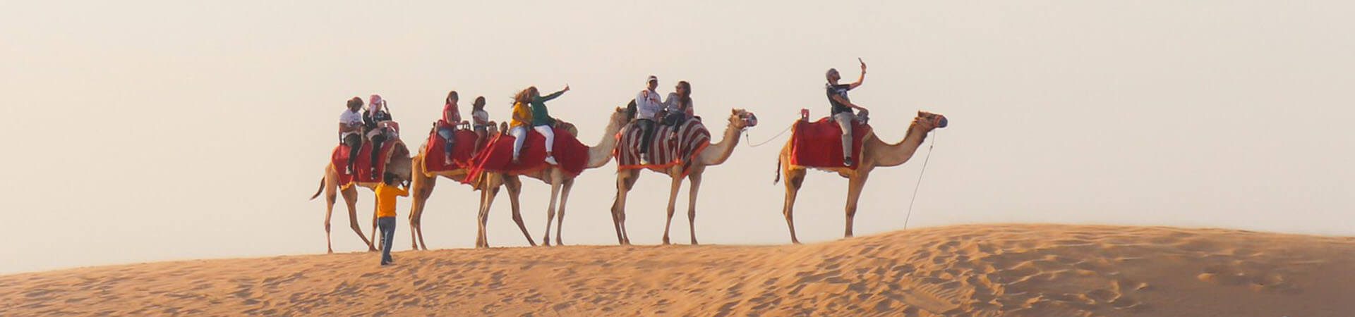 A group of people riding camels across sand dunes in the desert, with one person taking a selfie. This depicts a lively Dubai Desert Camel Ride experience