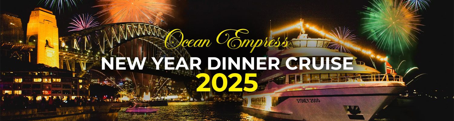 A wide banner for "Ocean Empress New Year Dinner Cruise 2025" with a yacht and fireworks over a city bridge at night.