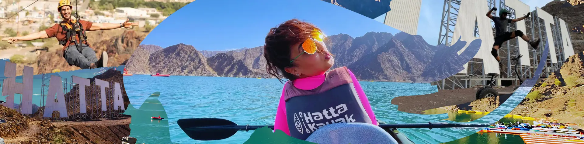 Adventurers enjoying ziplining, kayaking, and mountain activities at Hatta Wadi Hub, set against the stunning Hajar Mountains and iconic HATTA sign in Dubai.