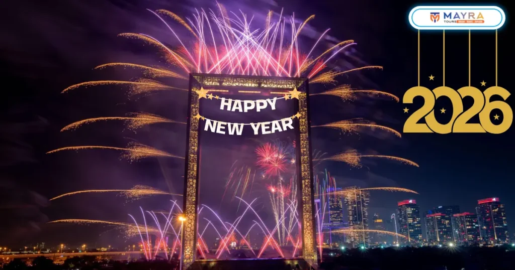 Dubai Frame with New Year's fireworks lighting up the night sky during NYE celebration at iconic landmark