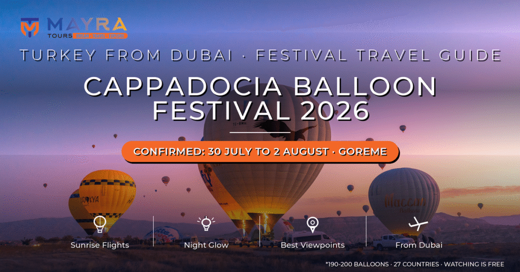 Cappadocia Balloon Festival 2026 - Confirmed Dates 30 July to 2 August, Sunrise Flights, Night Glow and Viewpoints Guide by Mayra Tours