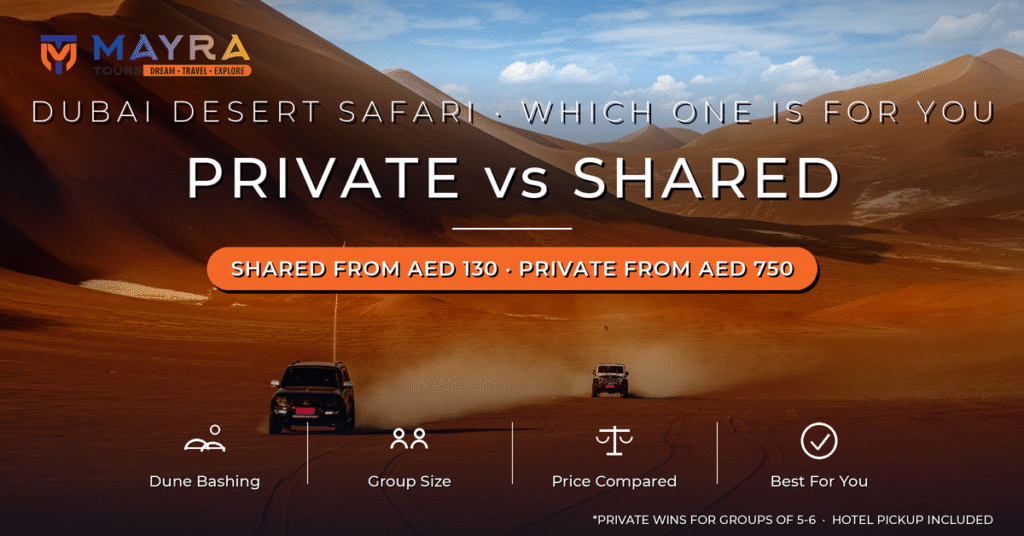 Private vs Shared Desert Safari Dubai 2026 - Prices, Group Size and Which to Book by Mayra Tours