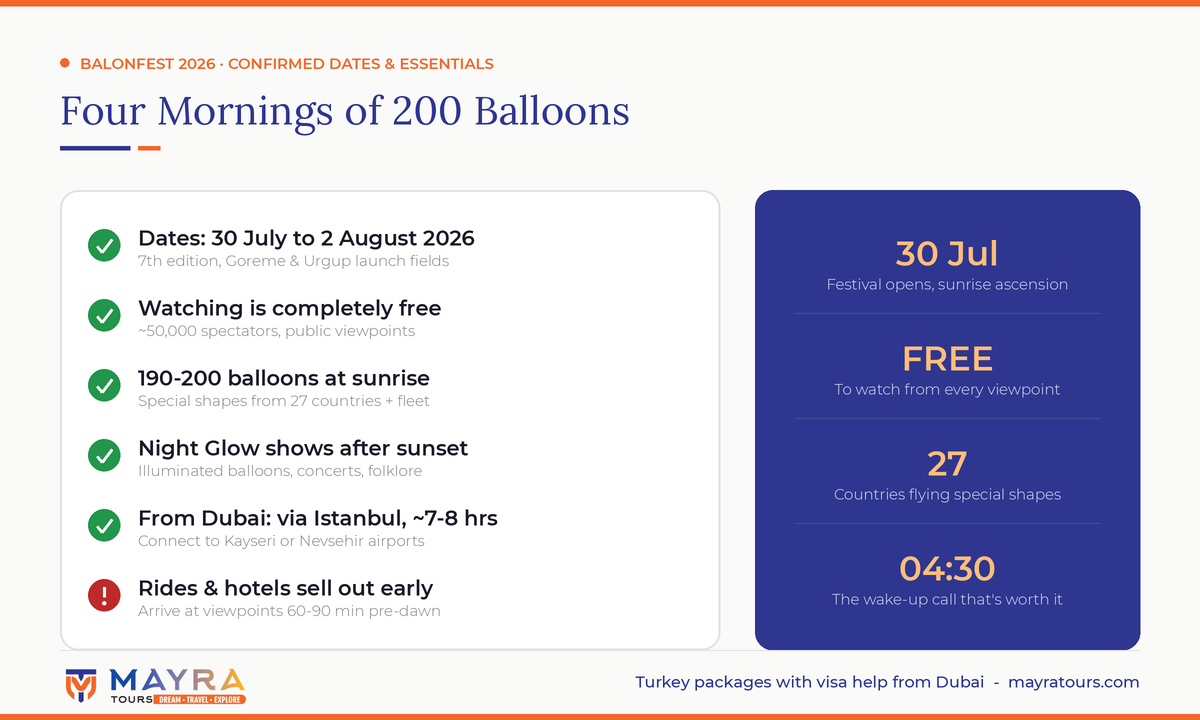 Cappadocia Balloon Festival 2026 essentials infographic - confirmed dates 30 July to 2 August, free viewpoints, Night Glow and travel from Dubai by Mayra Tours
