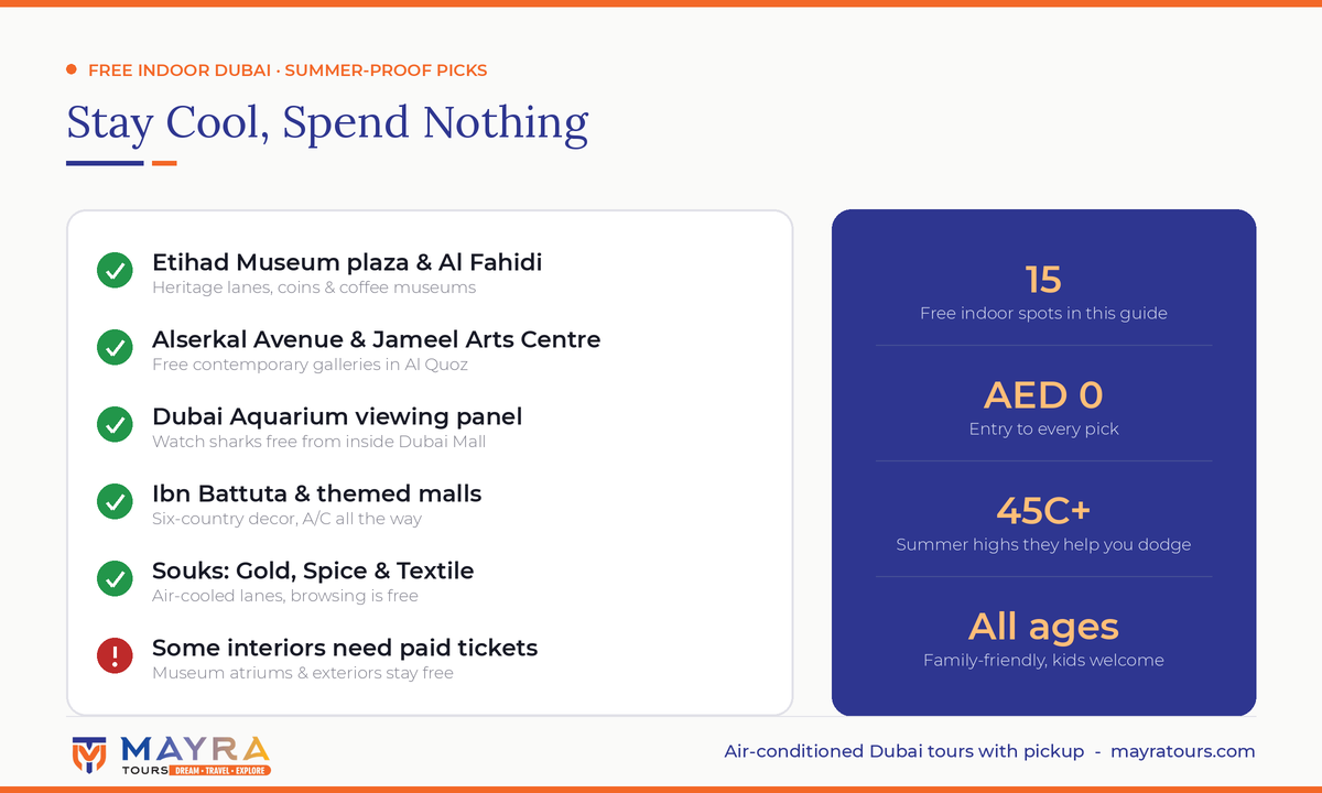Free indoor places to visit in Dubai infographic - museums, art galleries, Dubai Aquarium viewing panel, souks and malls that cost nothing by Mayra Tours