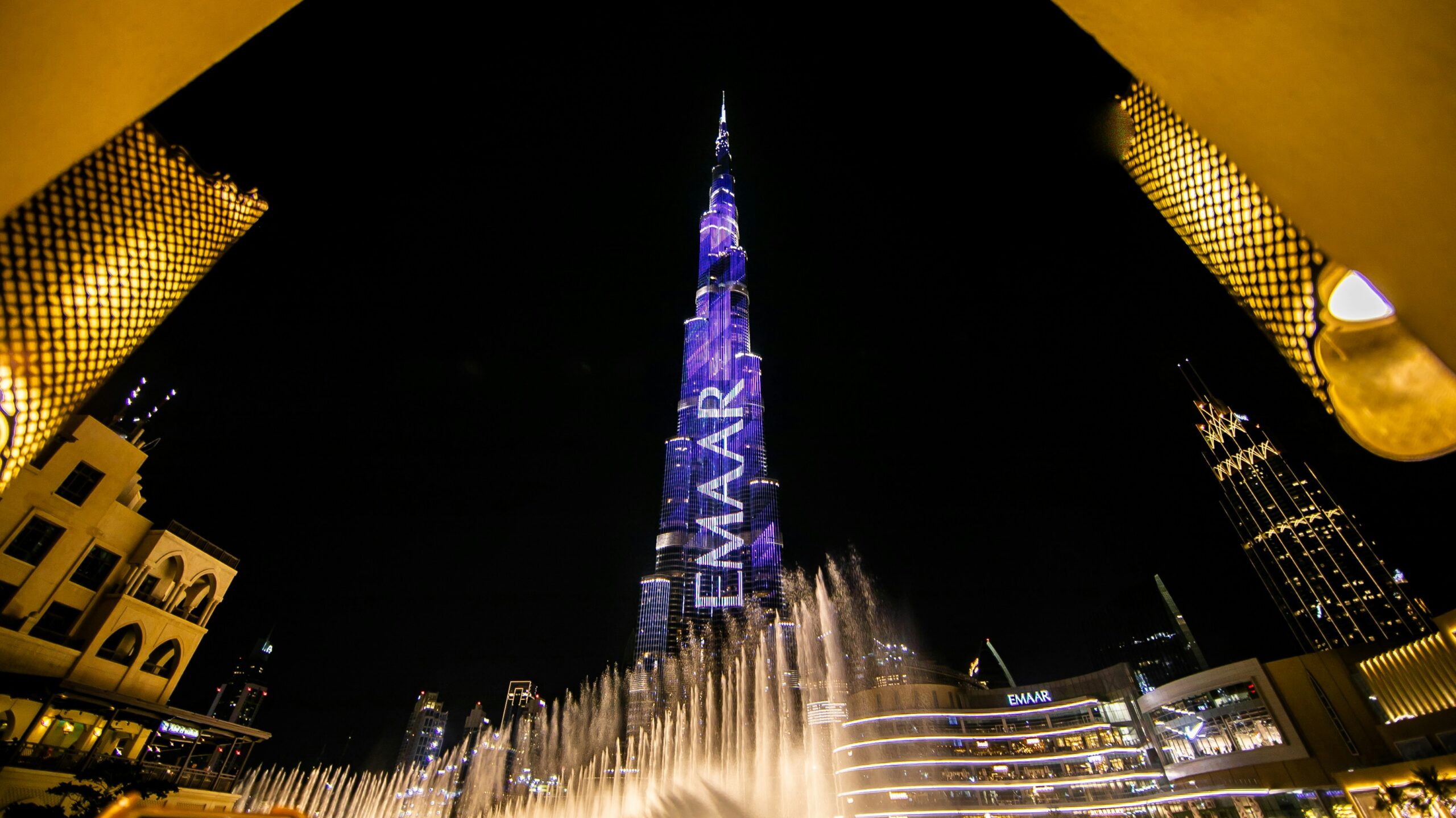 Burj Khalifa viewed from Dubai Fountain at sunset