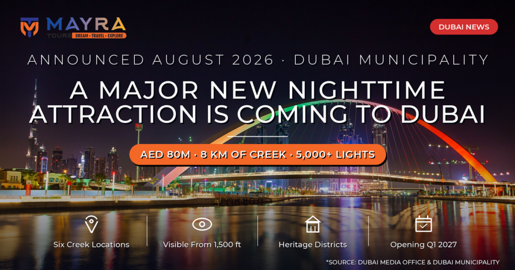 Dubai Creek Lights project 2026 - new nighttime attraction across 8km of Dubai Creek by Mayra Tours