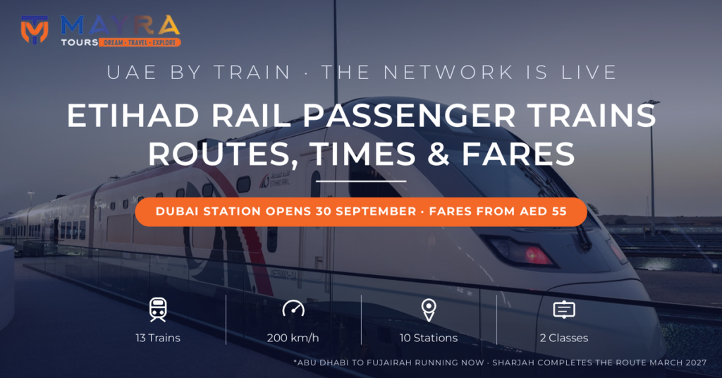 Etihad Rail passenger train guide 2026 - routes, journey times, ticket prices and Dubai station opening date by Mayra Tours