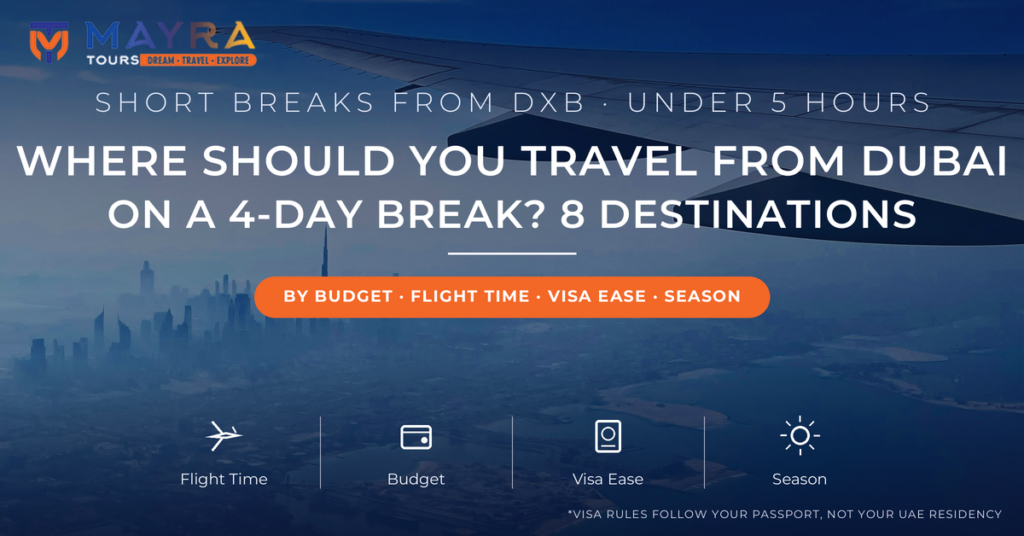 Short trips from Dubai 2026 - 8 destinations under 5 hours compared by budget, flight time, visa ease and season, guide by Mayra Tours