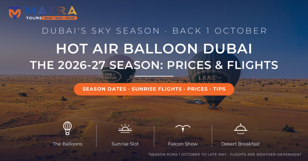 Two hot air balloons inflating on golden desert dunes at first light near Dubai - hot air balloon Dubai 2026-27 season starts 1 October, prices and flight guide by Mayra Tours
