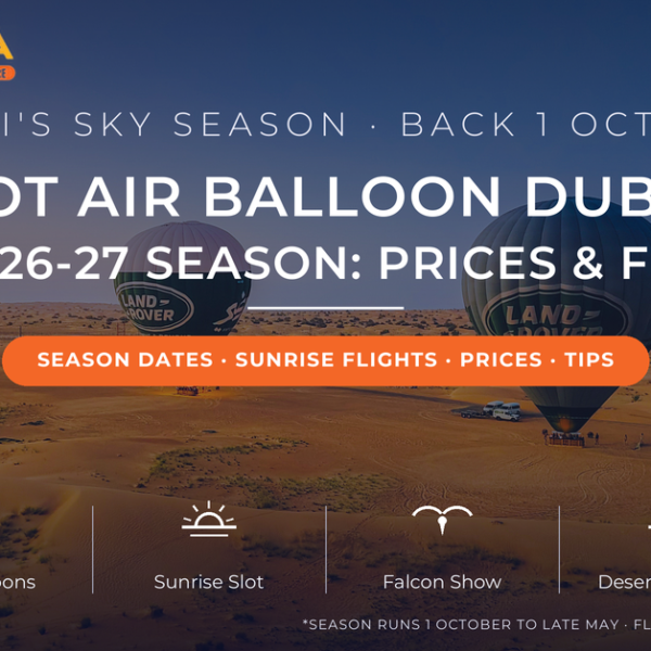 Two hot air balloons inflating on golden desert dunes at first light near Dubai - hot air balloon Dubai 2026-27 season starts 1 October, prices and flight guide by Mayra Tours