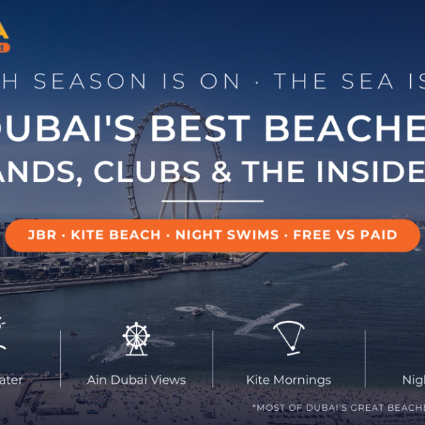 Aerial view of JBR beach and Bluewaters Island with Ain Dubai observation wheel, jet skis and inflatable aqua park - best beaches in Dubai guide with free sands, beach clubs and night swimming by Mayra Tours