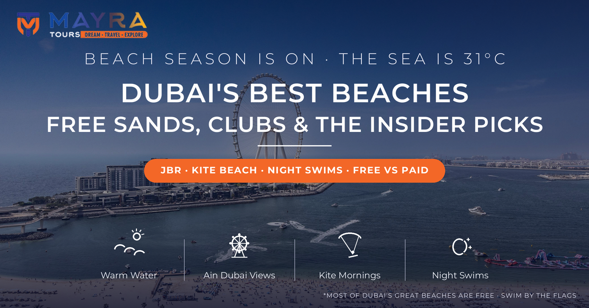 Aerial view of JBR beach and Bluewaters Island with Ain Dubai observation wheel, jet skis and inflatable aqua park - best beaches in Dubai guide with free sands, beach clubs and night swimming by Mayra Tours