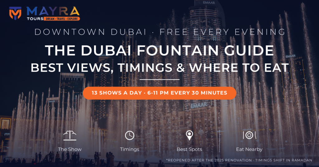 Dubai Fountain show at night from the boardwalk with Downtown towers behind - 2026 timings, best views and nearby restaurants guide by Mayra Tours