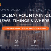 Dubai Fountain show at night from the boardwalk with Downtown towers behind - 2026 timings, best views and nearby restaurants guide by Mayra Tours