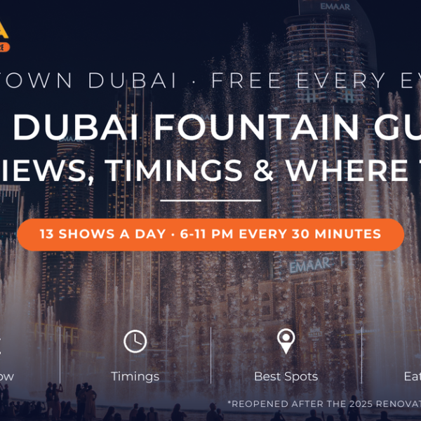 Dubai Fountain show at night from the boardwalk with Downtown towers behind - 2026 timings, best views and nearby restaurants guide by Mayra Tours