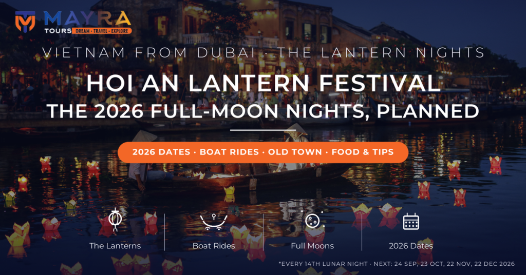 Women in conical hats on a sampan among floating candle lanterns on the Thu Bon River at dusk - Hoi An Lantern Festival 2026 dates and guide from Dubai by Mayra Tours