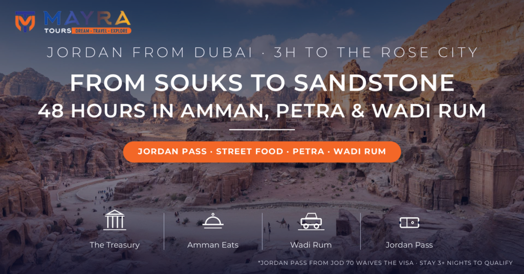 Camels crossing the Street of Facades among Petra's rock-cut tombs - Jordan from Dubai 48-hour guide 2026 covering Amman, Petra and Wadi Rum by Mayra Tours