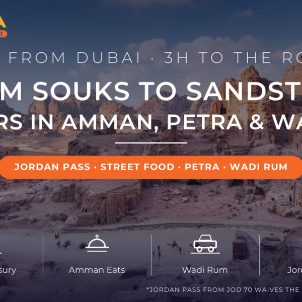 Camels crossing the Street of Facades among Petra's rock-cut tombs - Jordan from Dubai 48-hour guide 2026 covering Amman, Petra and Wadi Rum by Mayra Tours