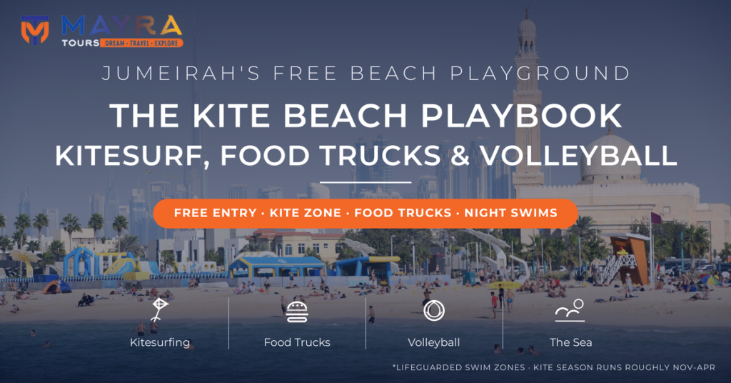 Kite Beach Dubai with swimmers, aqua park, lifeguard tower and Burj Khalifa skyline - kitesurfing, food trucks and volleyball playbook by Mayra Tours