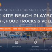 Kite Beach Dubai with swimmers, aqua park, lifeguard tower and Burj Khalifa skyline - kitesurfing, food trucks and volleyball playbook by Mayra Tours