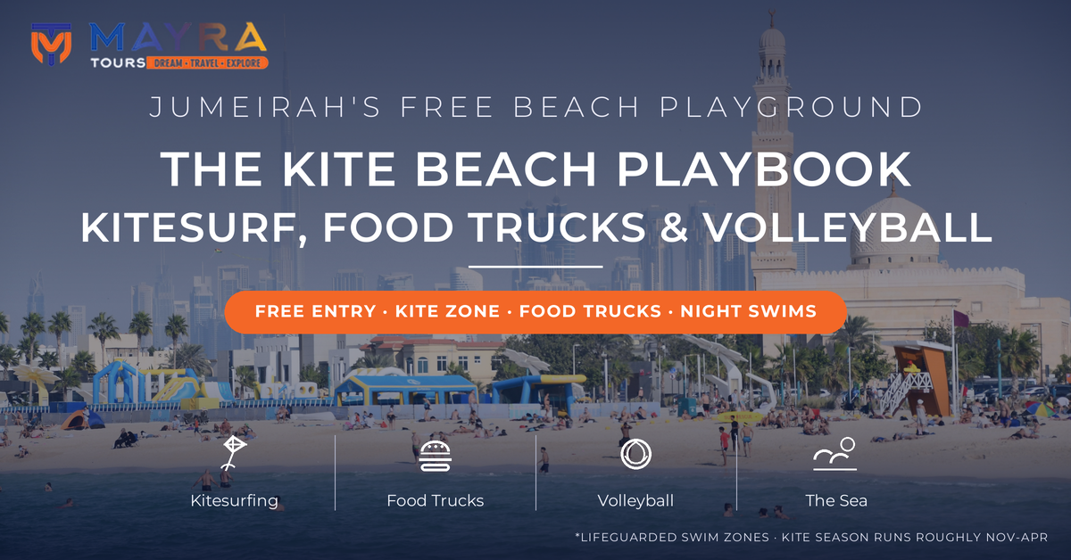 Kite Beach Dubai with swimmers, aqua park, lifeguard tower and Burj Khalifa skyline - kitesurfing, food trucks and volleyball playbook by Mayra Tours