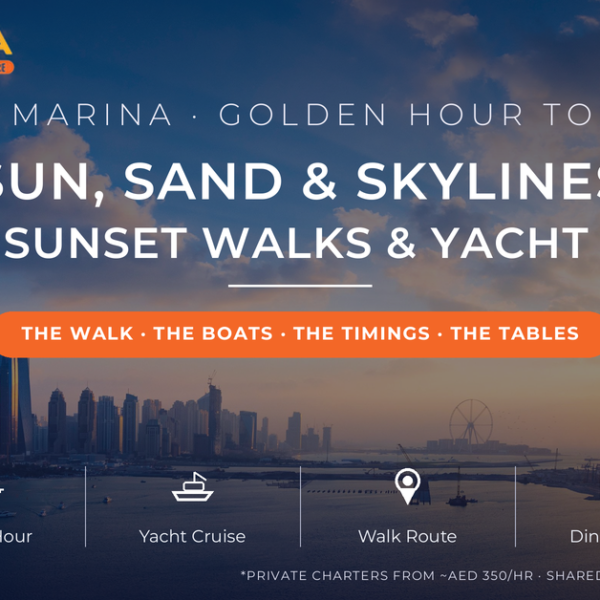 Dubai Marina skyline and Ain Dubai at sunset over the water - sunset walk and yacht cruise guide 2026 by Mayra Tours