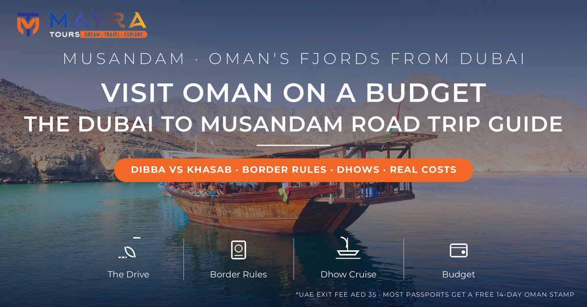 Traditional dhow anchored in the turquoise fjords of Musandam Oman - Dubai to Musandam budget road trip guide 2026 by Mayra Tours