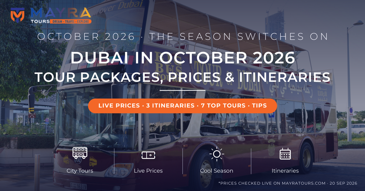 Open-top double-decker sightseeing bus in Dubai - Dubai tour packages October 2026 guide with live prices and 3 ready itineraries by Mayra Tours