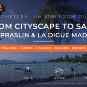 Palm tree over turquoise water and boats at Anse la Reunion, La Digue - Seychelles from Dubai island hopping guide 2026 for Mahe, Praslin and La Digue by Mayra Tours