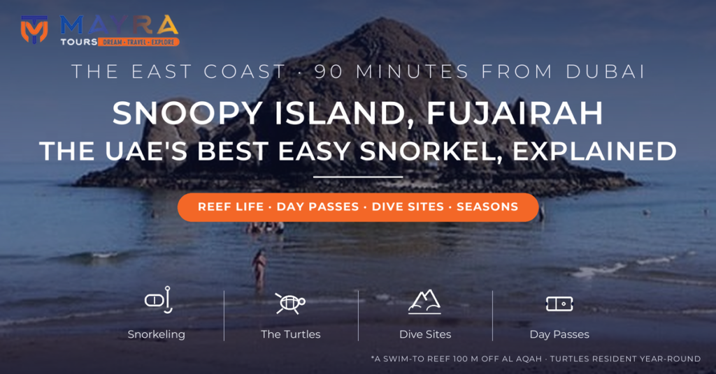 Snoopy Island rock rising from calm water off Al Aqah beach Fujairah - snorkeling and diving guide 2026 with day passes, turtles and dive sites by Mayra Tours