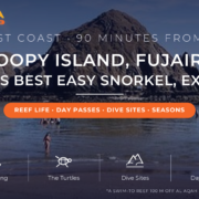 Snoopy Island rock rising from calm water off Al Aqah beach Fujairah - snorkeling and diving guide 2026 with day passes, turtles and dive sites by Mayra Tours