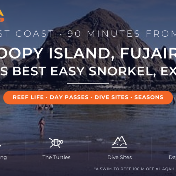 Snoopy Island rock rising from calm water off Al Aqah beach Fujairah - snorkeling and diving guide 2026 with day passes, turtles and dive sites by Mayra Tours