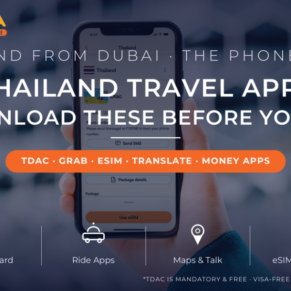 Hand holding a phone with a Thailand eSIM setup screen - Thailand travel apps guide 2026 with TDAC arrival card, Grab, LINE and money apps by Mayra Tours