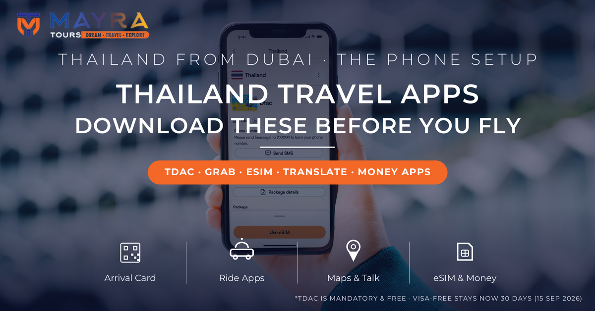 Hand holding a phone with a Thailand eSIM setup screen - Thailand travel apps guide 2026 with TDAC arrival card, Grab, LINE and money apps by Mayra Tours