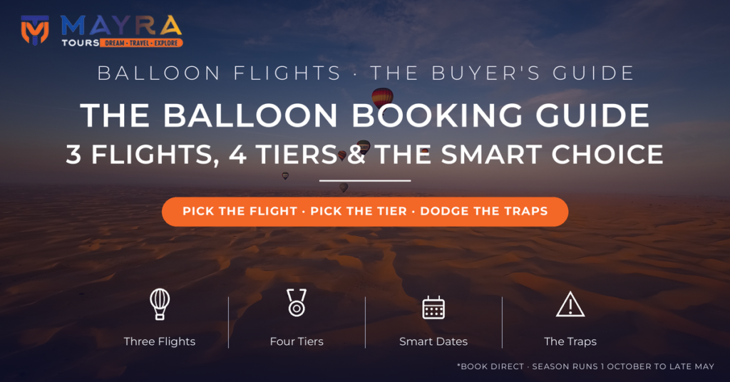 Hot air balloons drifting over golden desert dunes at sunrise photographed from a balloon basket - how to book the best hot air balloon flight in Dubai 2026 buyer's guide by Mayra Tours