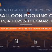 Hot air balloons drifting over golden desert dunes at sunrise photographed from a balloon basket - how to book the best hot air balloon flight in Dubai 2026 buyer's guide by Mayra Tours