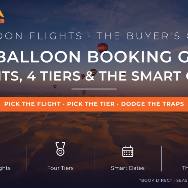 Hot air balloons drifting over golden desert dunes at sunrise photographed from a balloon basket - how to book the best hot air balloon flight in Dubai 2026 buyer's guide by Mayra Tours