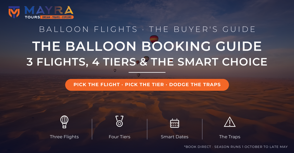Hot air balloons drifting over golden desert dunes at sunrise photographed from a balloon basket - how to book the best hot air balloon flight in Dubai 2026 buyer's guide by Mayra Tours