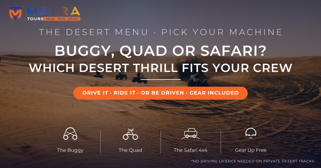 Quad bikes riding across golden desert dunes at sunset near Dubai with carved tyre tracks - dune buggy vs quad bike vs desert safari decision guide by Mayra Tours