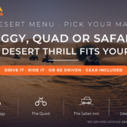 Quad bikes riding across golden desert dunes at sunset near Dubai with carved tyre tracks - dune buggy vs quad bike vs desert safari decision guide by Mayra Tours