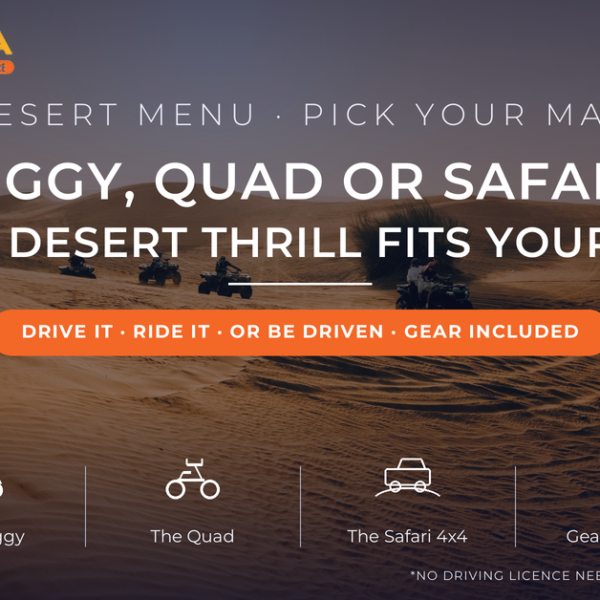 Quad bikes riding across golden desert dunes at sunset near Dubai with carved tyre tracks - dune buggy vs quad bike vs desert safari decision guide by Mayra Tours