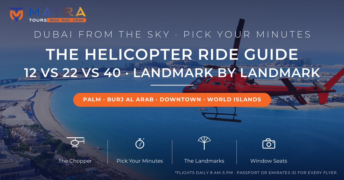 Red helicopter flying over Palm Jumeirah's crescent and turquoise water in Dubai - helicopter ride Dubai guide comparing 12, 22 and 40 minute flights landmark by landmark by Mayra Tours