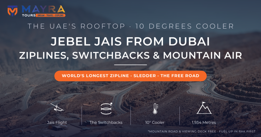 Jebel Jais switchback mountain road from above with hairpin bends and the viewing deck park in Ras Al Khaimah - Jebel Jais from Dubai guide with world's longest zipline and Jais Sledder by Mayra Tours
