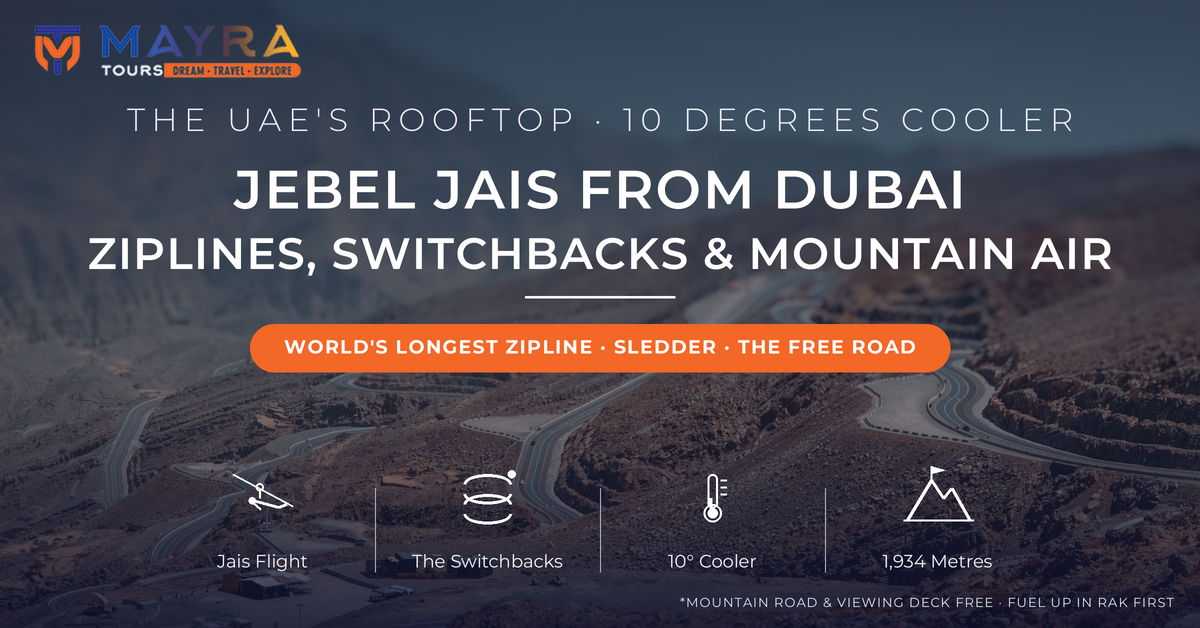 Jebel Jais switchback mountain road from above with hairpin bends and the viewing deck park in Ras Al Khaimah - Jebel Jais from Dubai guide with world's longest zipline and Jais Sledder by Mayra Tours