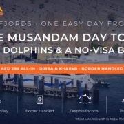 Khasab harbour in Musandam Oman with a catamaran ferry docked beneath sheer Hajar mountain cliffs - Musandam tour from Dubai day-trip guide with dhow cruise and border pass by Mayra Tours