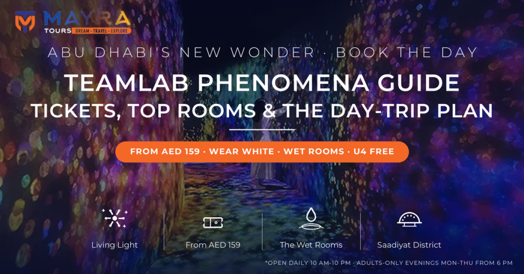Visitor in white dress walking through a glowing corridor of projected flowers at teamLab Phenomena Abu Dhabi on Saadiyat Island - complete guide with tickets, what to wear and day trip from Dubai by Mayra Tours